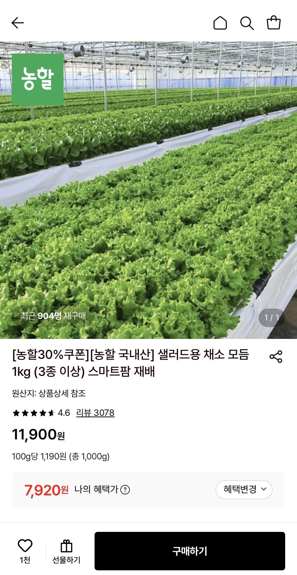 [롯데온]샐러드용 채소 모듬 1kg (7,920원/무료)