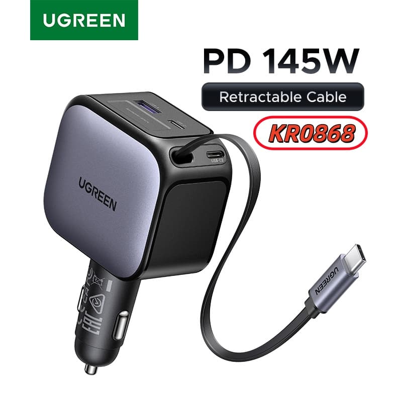 [알리익스프레스] UGREEN 145W 90W 60W 차량용 충전기 3 USB-C & 1 USB-A 포트 PD QC4.0 고속충전 리트랙터블 케이블 ($3.29 / (약: 4,655원))