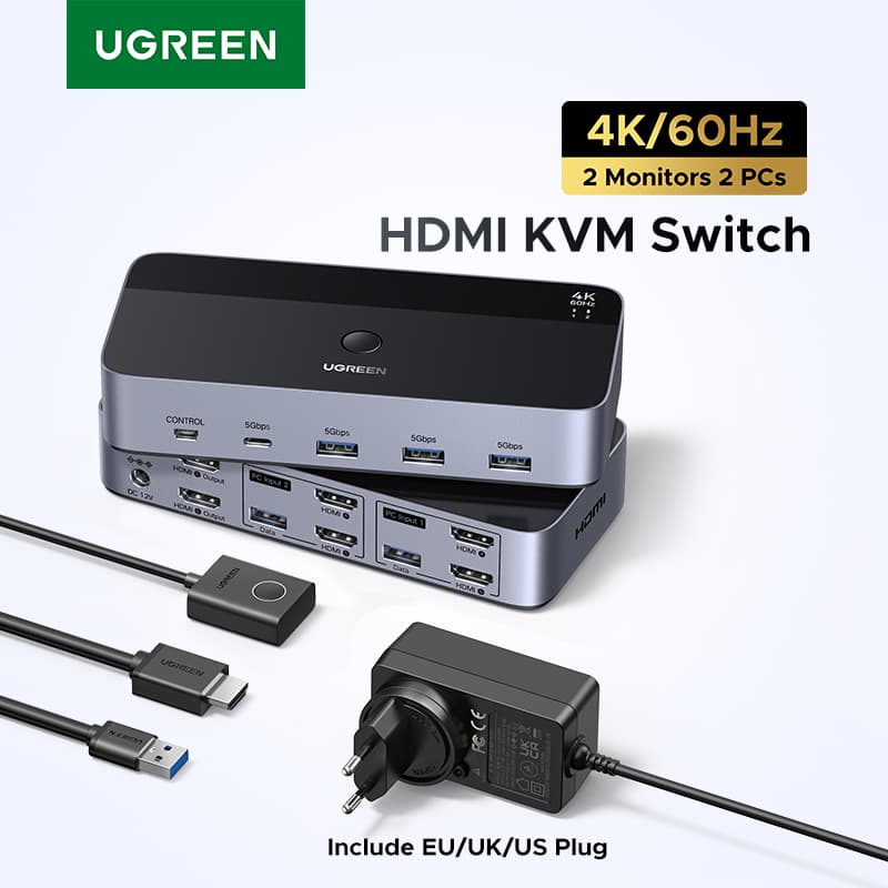 [알리익스프레스] UGREEN HDMI KVM 스위치 4K 8K 60Hz USB C USB 3.0 모니터, 키보드, 마우스, 프린터 공유, HDR 3D 지원 ($2.14 / (약: 3,027원))