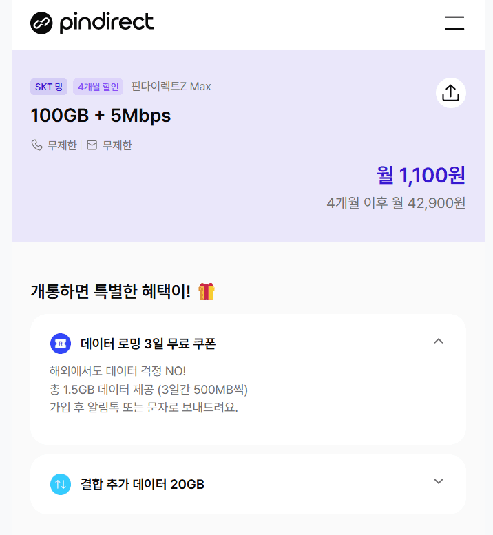 [기타] Pindrect SKT망 100GB + 5mps (4개월)