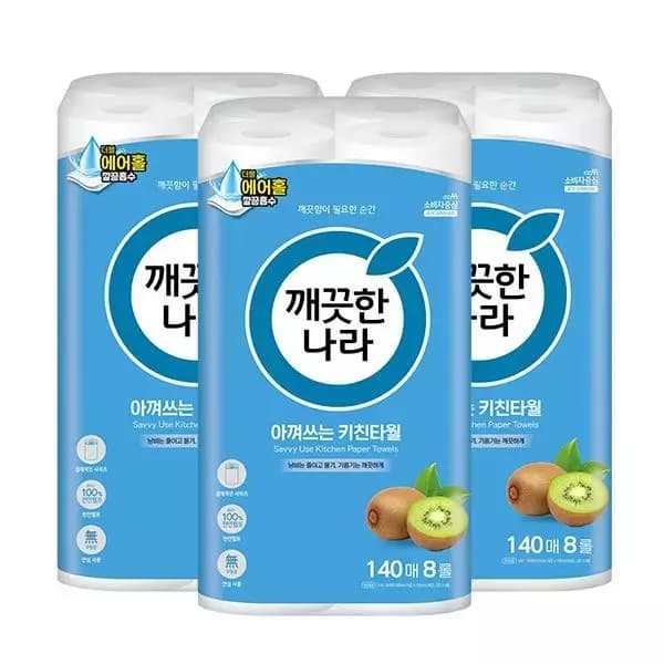 [지마켓] 깨끗한나라 데일리 키친타올 140매 8롤 3팩 15,140원 (무료배송)