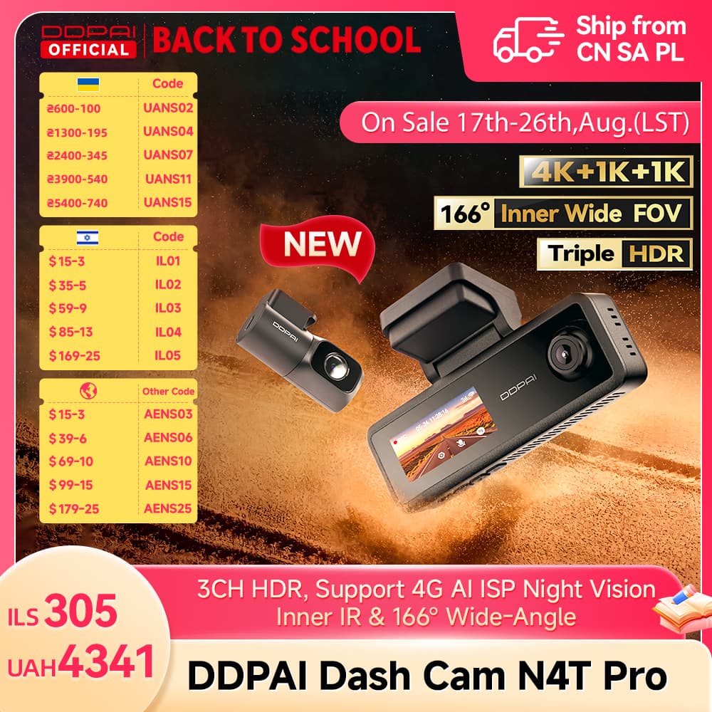 [알리익스프레스] DDPAI N4T Pro 대시캠 3채널 HDR 4K+1080P+1080P ($82.57 / (약: 116,828원))