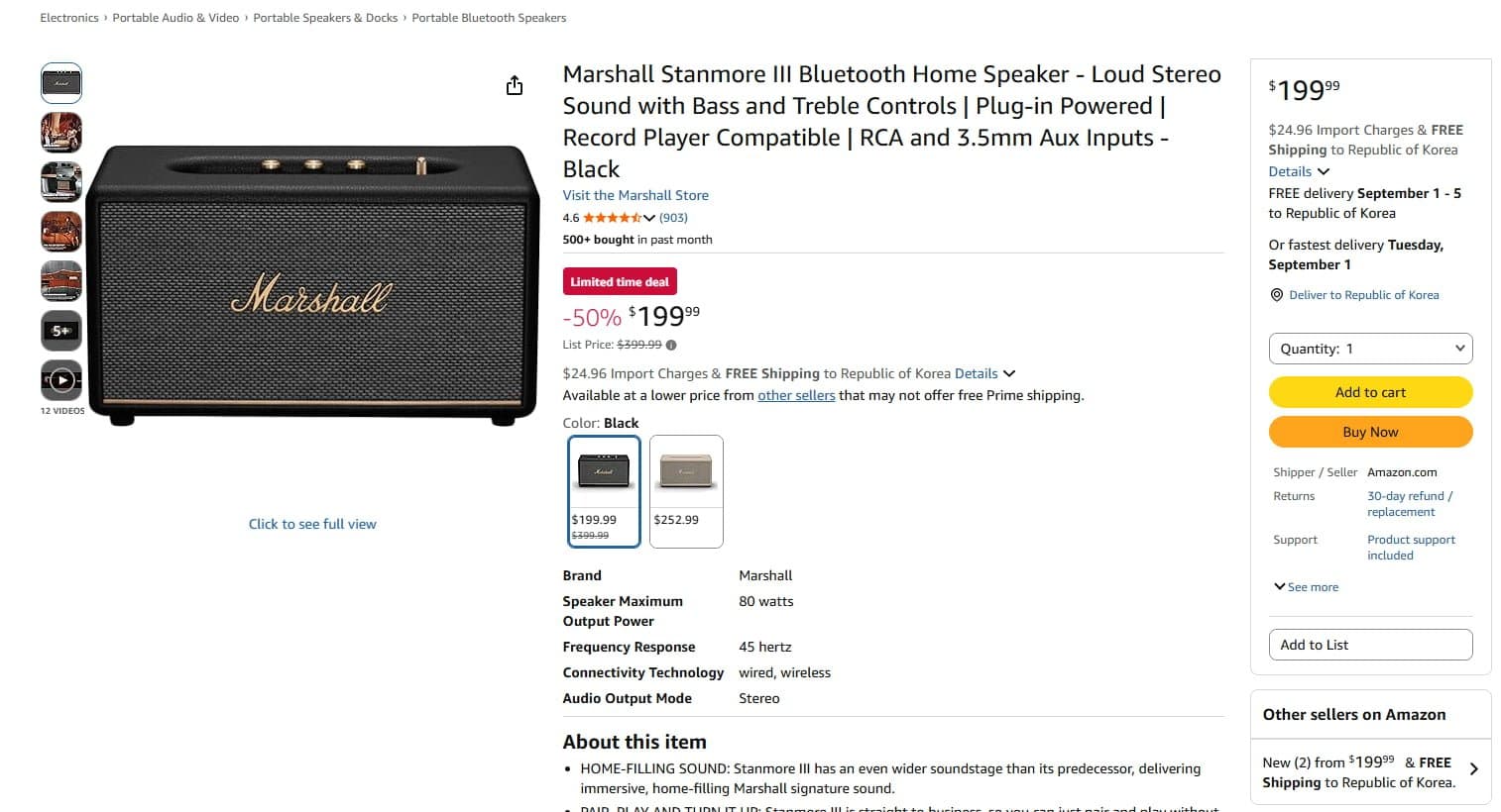 [아마존]Marshall Stanmore III Bluetooth Home Speaker ($199.99/관세 $24.96/한국까지 Free)