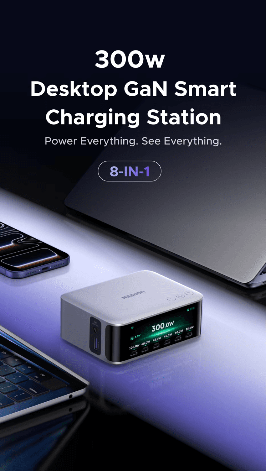 UGREEN 300W GaN 스마트 디스플레이 충전기 스테이션 7in1 (코인 $104.55)