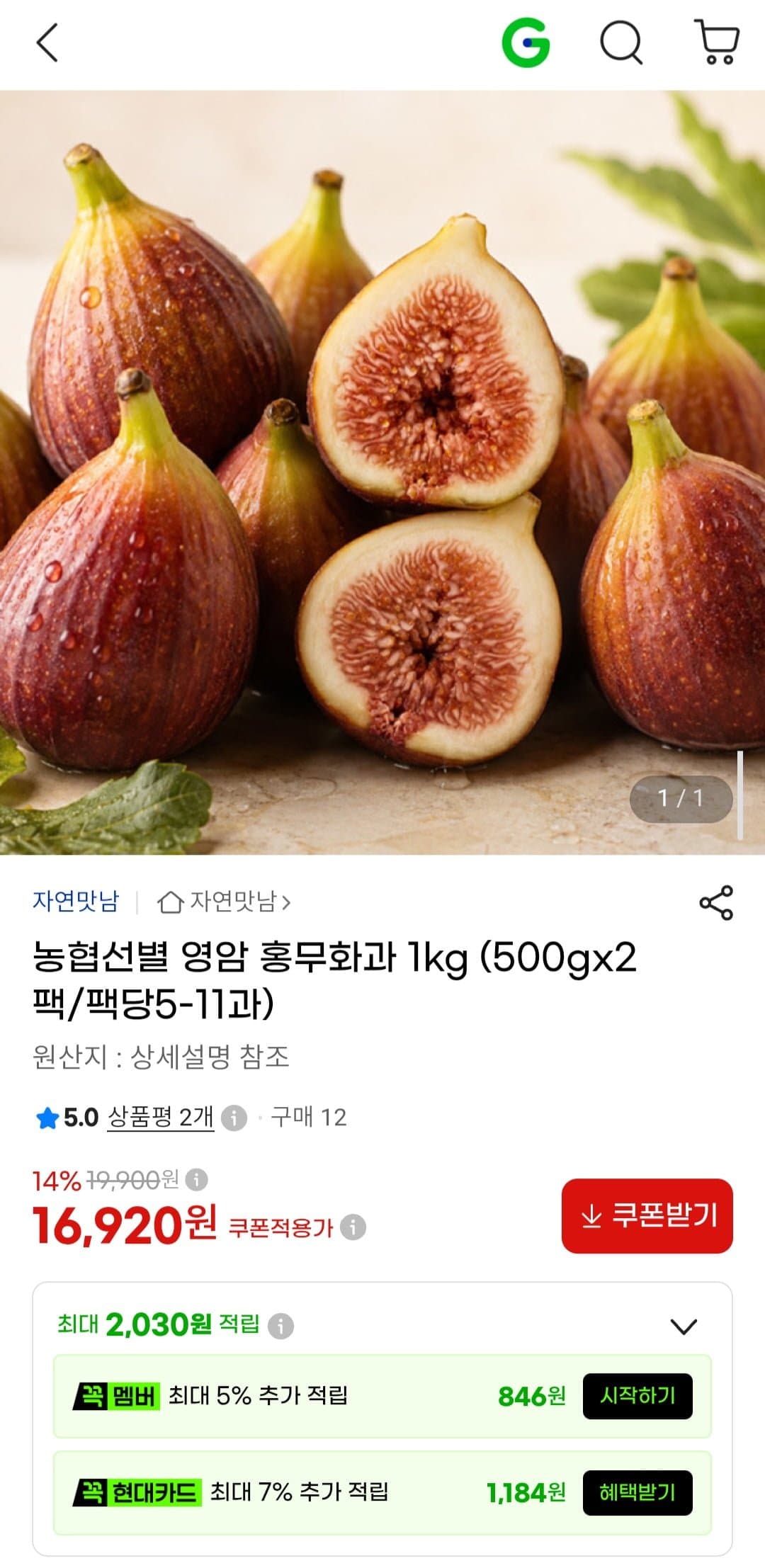 [G마켓]영암 홍무화과 1kg (16,920원/무료)