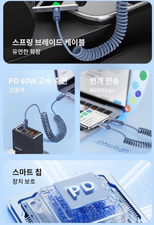 [쿠팡]Toocki PD60W 코일 C타입 차량용 초고속 충전 케이블 (5,950원/와우무료)
