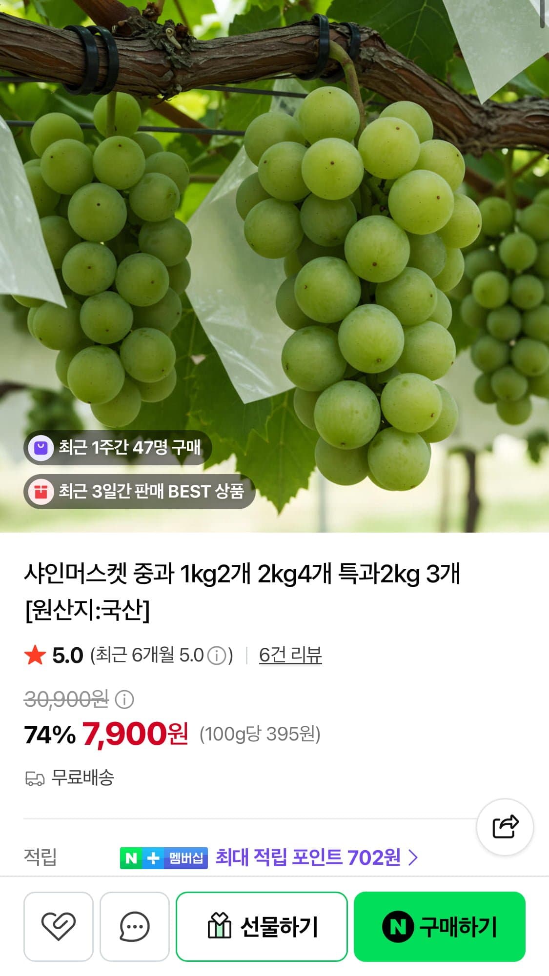 [네이버]샤인머스켓 중과 1kg 2수 (7,900원/무료)