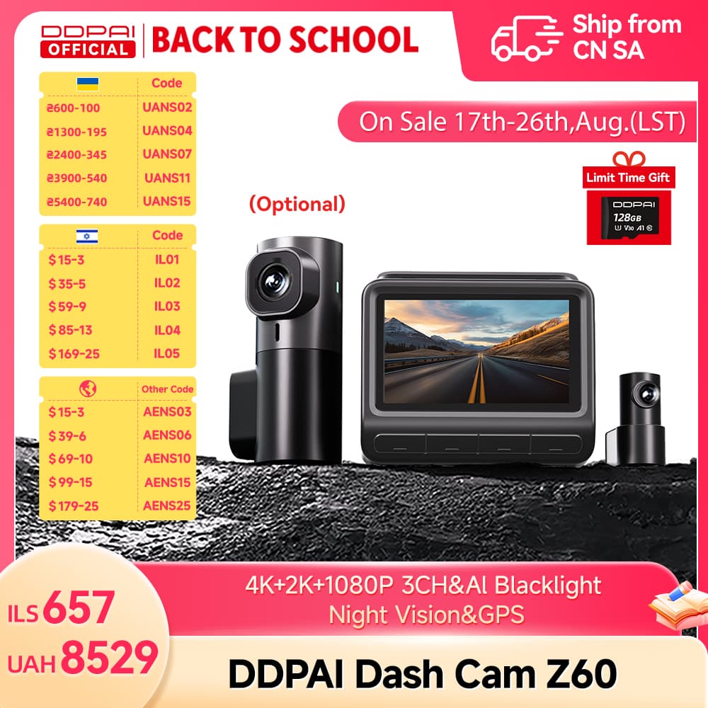 [알리익스프레스] 【무료 128G 카드】DDPAI Z60 듀얼 대시캠 전면 및 후면 4K+1080P ($56.40 / (약: 79,580원))