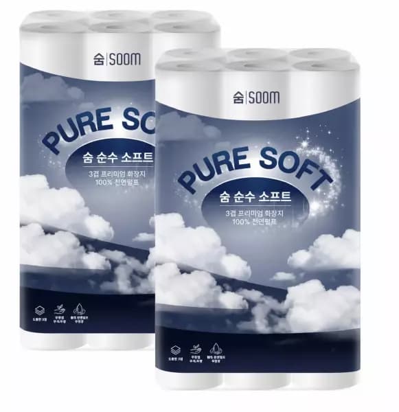 [지마켓] 숨 순수 소프트 3겹 30m 30롤 2팩 (15,500원/무료) (무료배송)