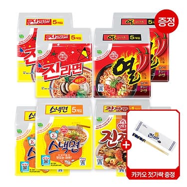 [카카오] 진라면 매운맛 10봉 + 열라면 10봉 + 스낵면 10봉 + 진짬뽕 8봉 (22,050원 / 무료배송)