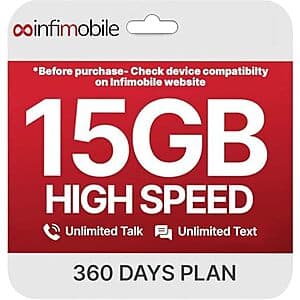 [Amazon] 12-Month Infimobile Unlimited Talk & Text 15GB Data Mo. Plan ($112.00 / (약: 156,016원))