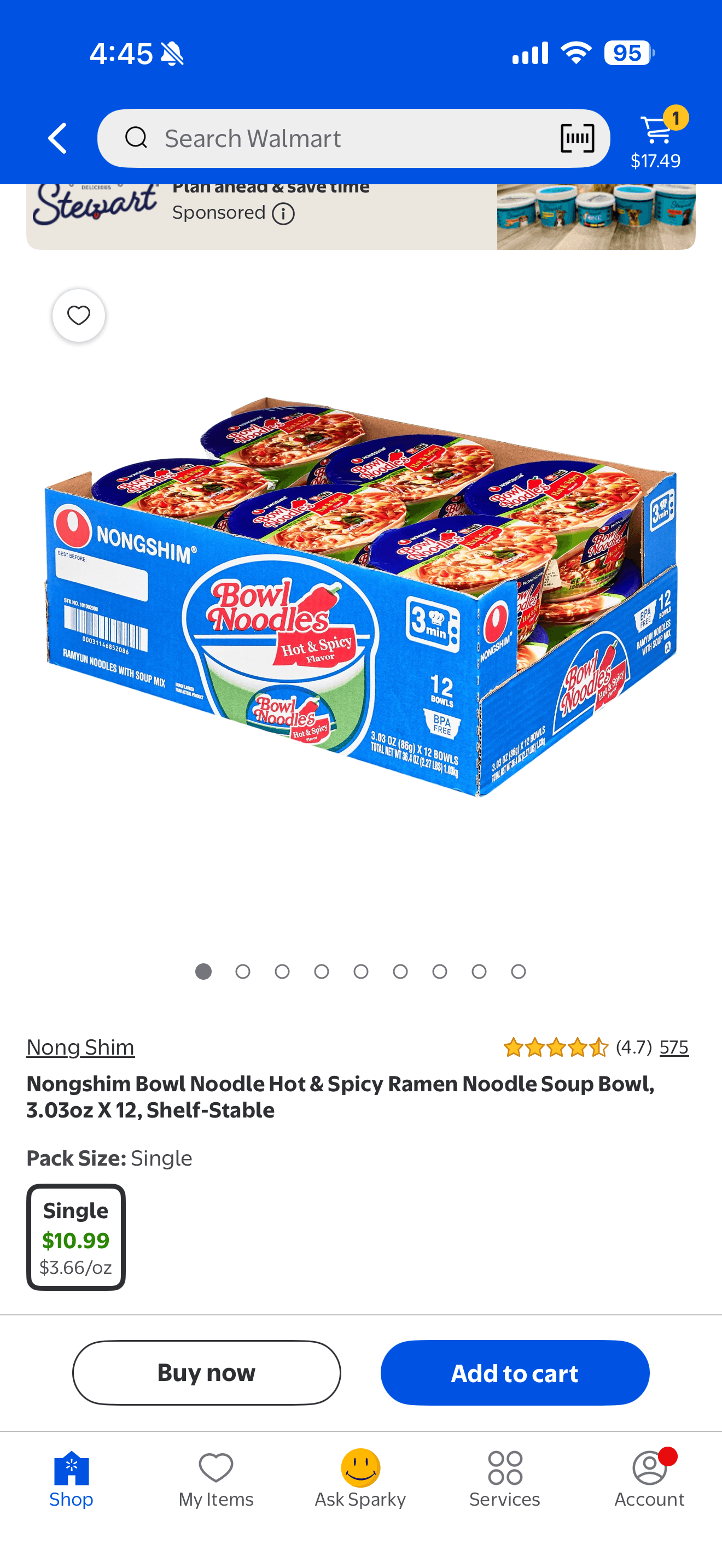 Walmart) Nongshim Bowl Noodle Hot & Spicy Ramen Noodle Soup Bowl, 3.03oz X 12, Shelf-Stable. $10.99