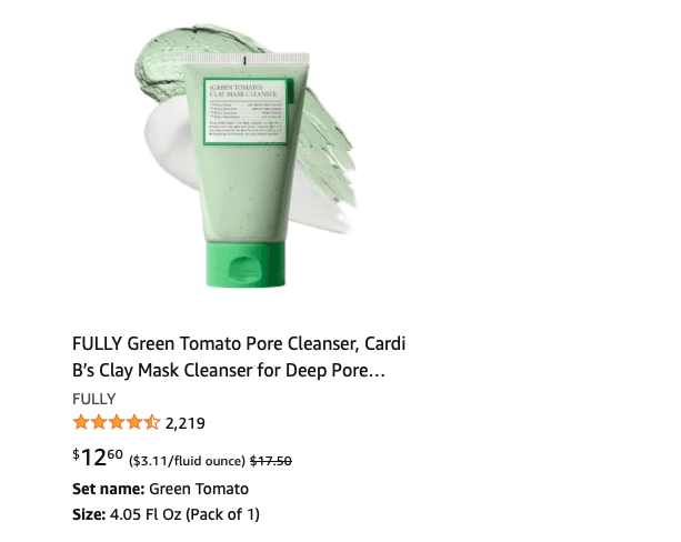 Amazon) FULLY Green Tomato Pore Cleanser + FULLY Rice Dough Facial Modeling Mask(선물) - $12.60