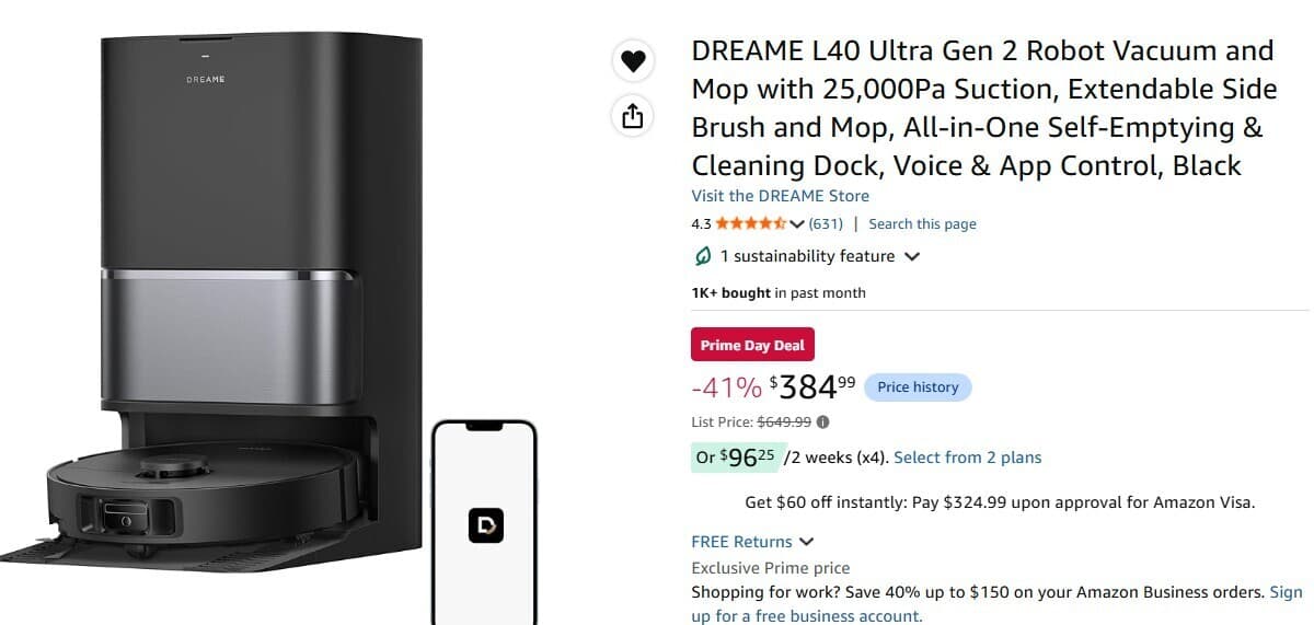 Amazon) 프라임딜) DREAME L40 Ultra Gen 2 Robot Vacuum / Mop $384.99 낙타 최저가
