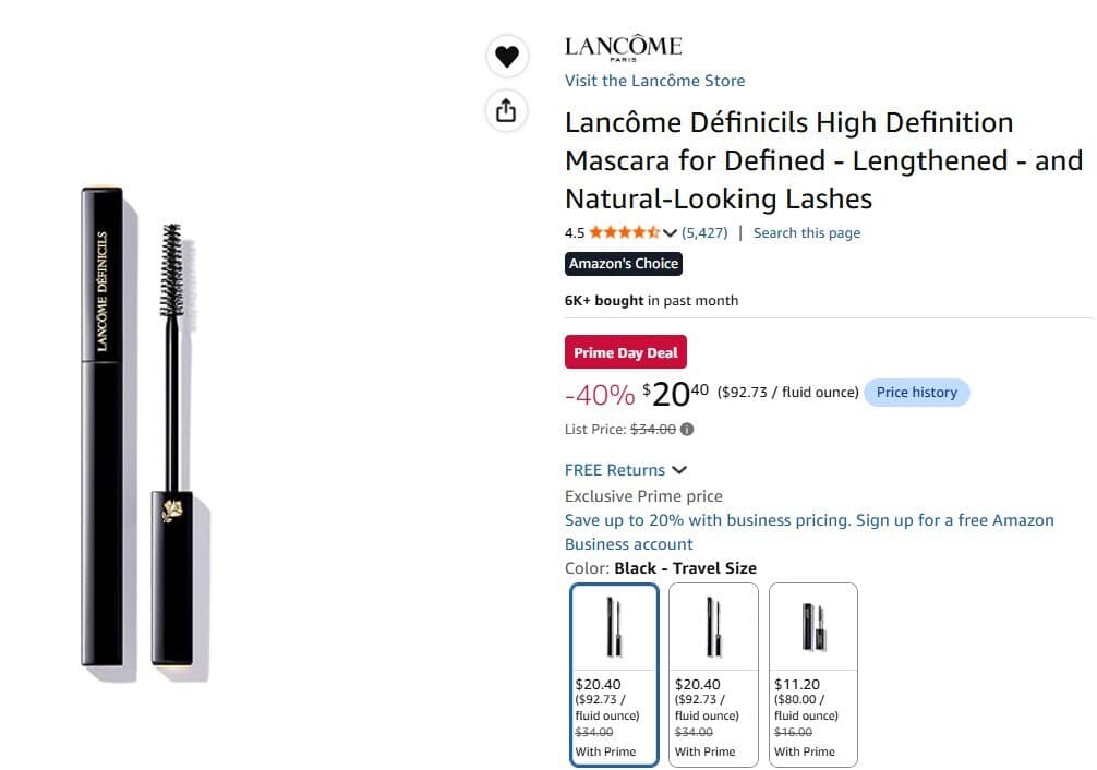 Amazon) 프라임딜) Lancôme Définicils Mascara $20.40 낙타최저가