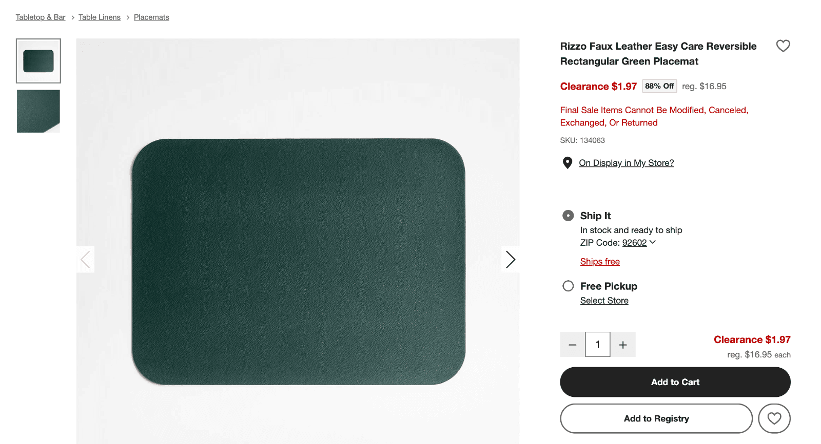 Crate and Barrel) $1.97 인조가죽 placemat