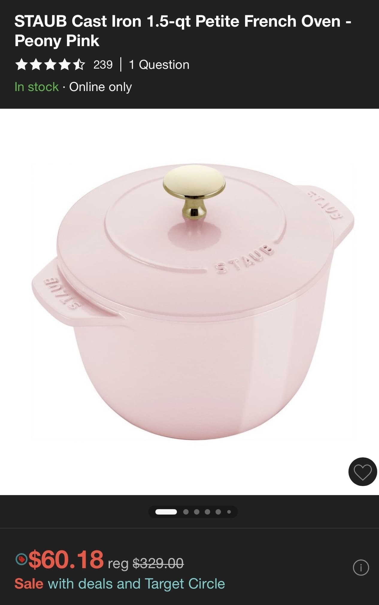 Target) STAUB Cast Iron 1.5-qt Petite French Oven -$60.18 / Essential French Oven 5qt - $91.98 얼른 달리세요!