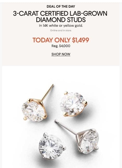 Bloomingdales) 3캐럿 Certified Lab Grown Diamond Martini Set Stud 귀걸이 in 14K, $4000 -> $1499, 오늘만 이 가격