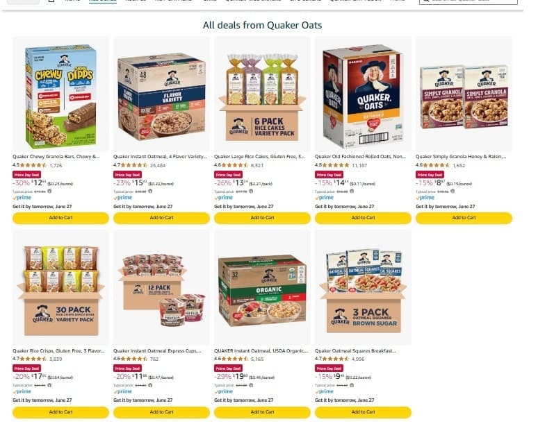 Amazon) Quaker 오트밀, 시리얼등 - Up to 40% Off, 아마존 프라임데이 딜