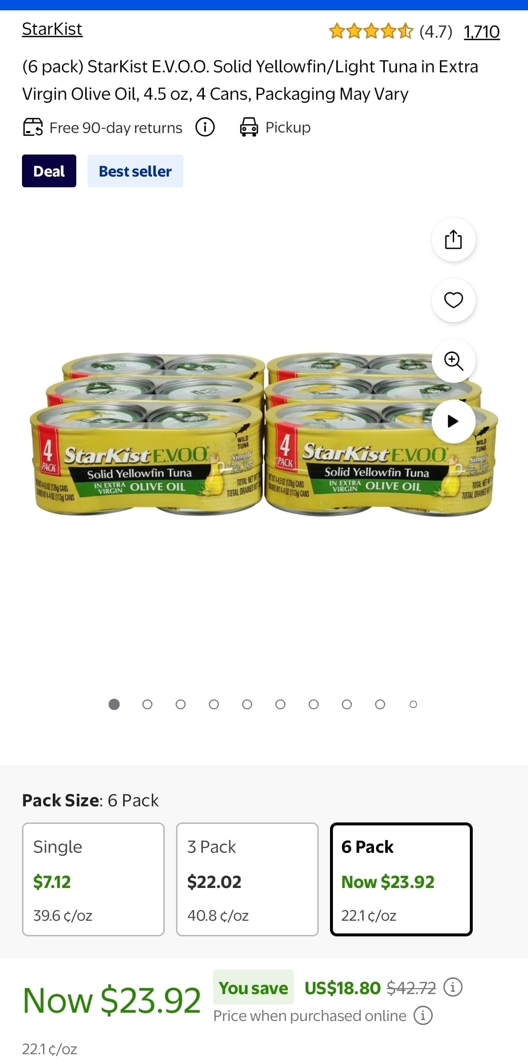 Walmart) 24개 StarKist E.V.O.O. Solid Yellowfin/Light Tuna in Extra Virgin Olive Oil, - $23.92
