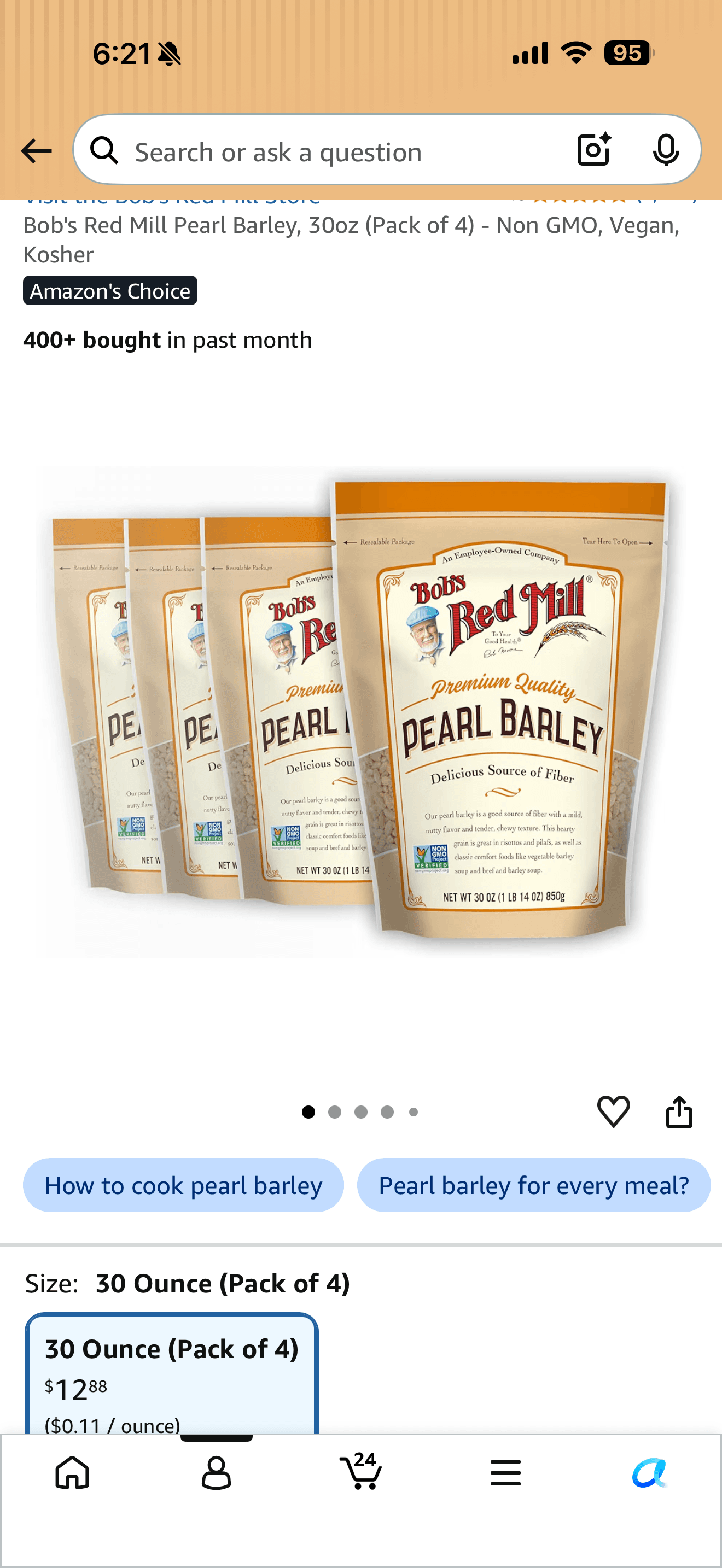 Amazon) Bob's Red Mill Pearl Barley, 30oz (Pack of 4) - Non GMO, Vegan, Kosher 섭스시 $12.24