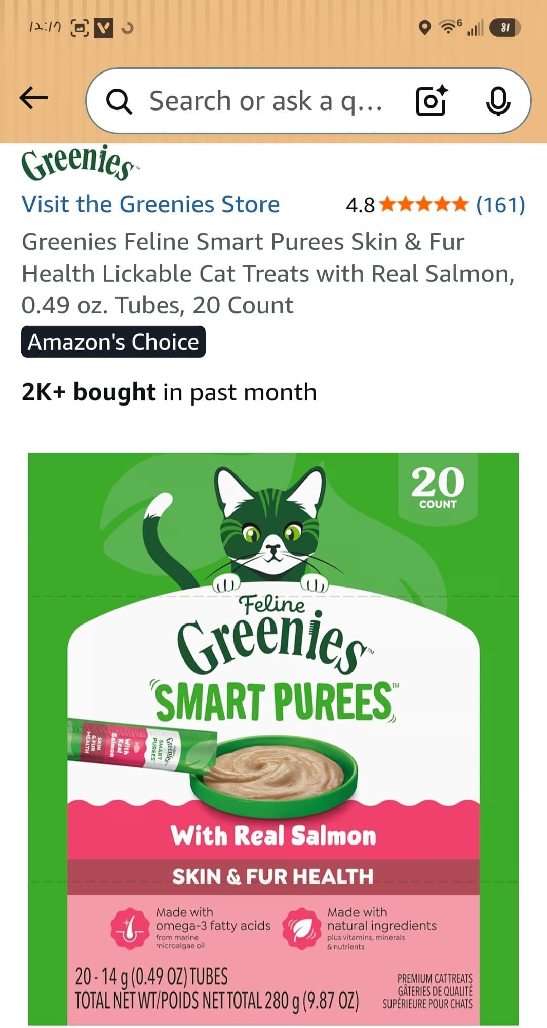 Amazon) Greenies Feline Smart Purees Skin & Fur Health Cat Treats for Cats