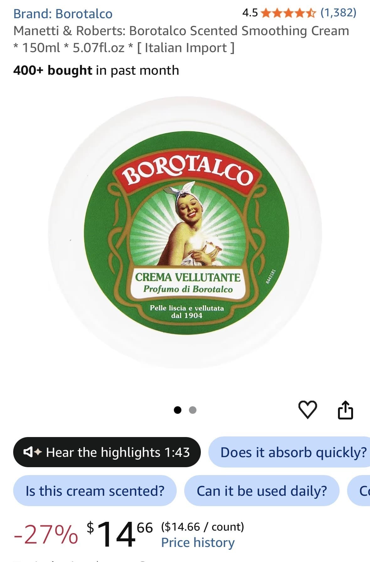 Amazon) Borotalco Scented Smoothing Cream- 서인영크림 $20.02->$14.66