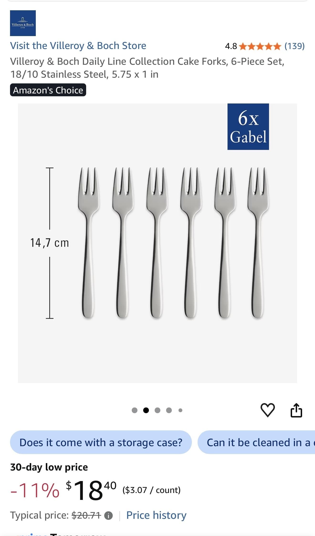 Amazon) Villeroy & Boch Daily Line Collection Cake Forks, 6-Piece Set, 18/10 Stainless Steel, 5.75 x 1 in $18.40
