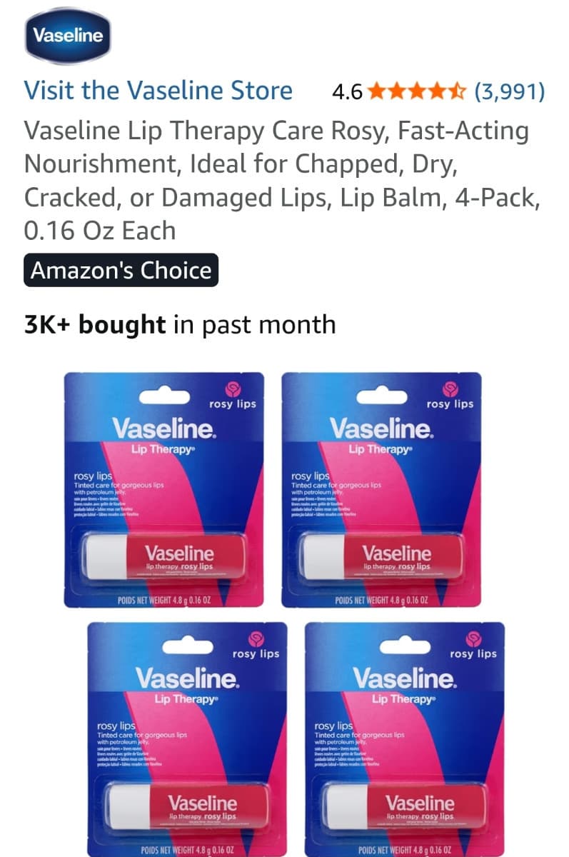 Amazon) 바셀린 립 테라피 케어 로지4-Pack$5.00->$3.93